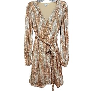 Nwot Venus Silver/Gold Sequined V neck Longsleeve Faux Wrap Party Dress …